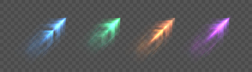 Obraz na płótnie Canvas Glowing multicolor speed arrows with sharp light tips and soft motion trails on transparent background. Vector acceleration effects for game UI, racing graphics and dynamic overlays.