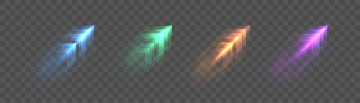 Glowing multicolor speed arrows with sharp light tips and soft motion trails on transparent background. Vector acceleration effects for game UI, racing graphics and dynamic overlays.