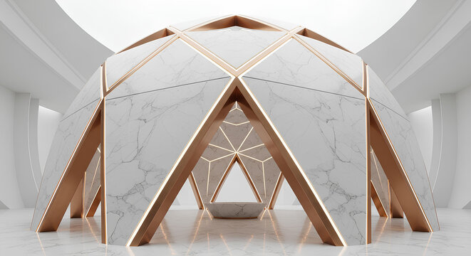 Futuristic White Carrara Marble Dome Chamber with Rose Gold Lighting