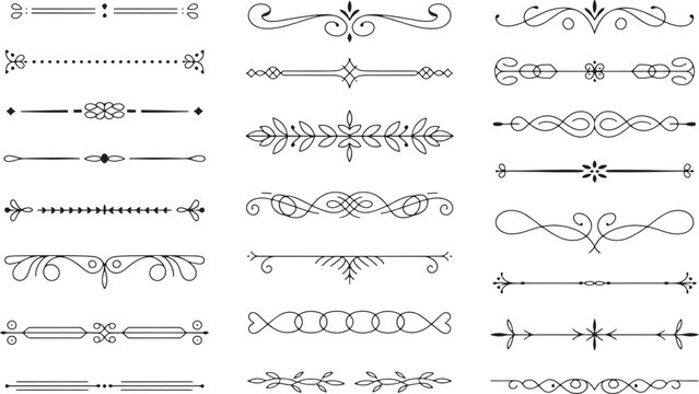Decorative text dividers set for book design typography flourishes and ornate vintage page border graphic separators. Vector Illustration