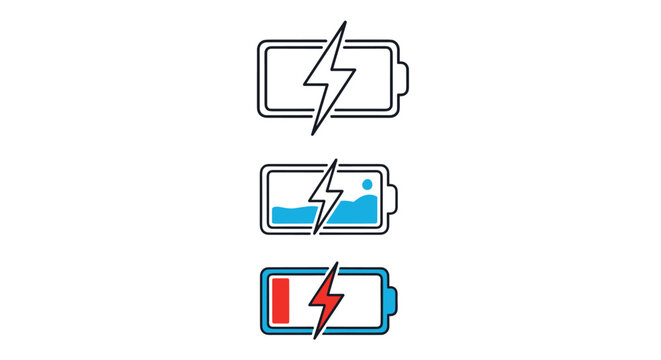 Set of three battery icons showing an empty outline, a partially charged blue liquid version, and a low red status with a lightning bolt.