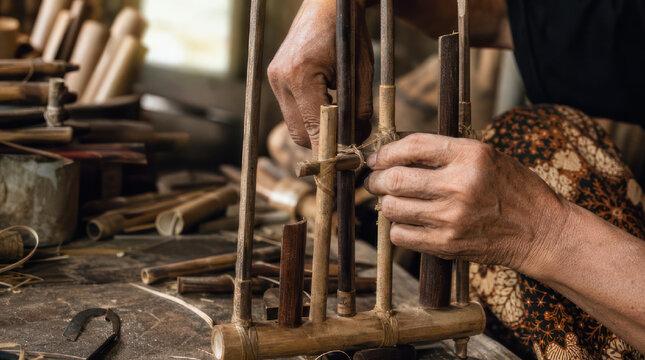 Crafting a Traditional Angklung Bamboo Musical Instrument in Workshop.