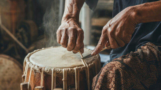 Crafting a Traditional Drum Hands at Work on Musical Instrument.