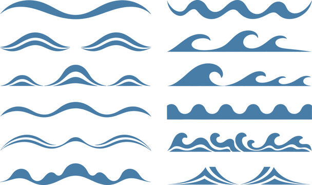 Set of blue wave shapes, water surface design elements, abstract ocean or sea lines, decorative borders, liquid motion graphics, background elements. Vector Illustration
