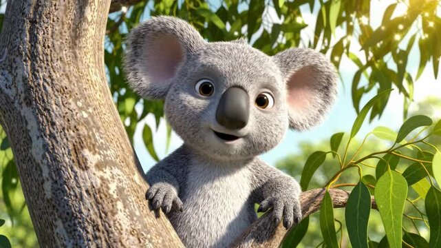 Cute 3D animated koala waving from eucalyptus tree branch