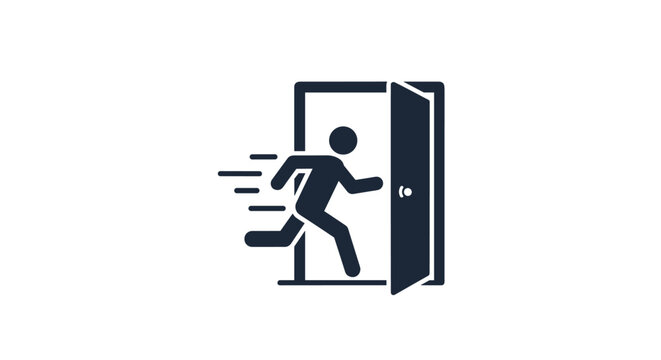 Solid black emergency exit icon featuring a person running through an open door representing safety procedures and quick evacuation.