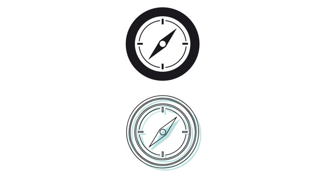 Two compass icons featuring a north arrow needle in black silhouette and a detailed line art version for navigation and travel.