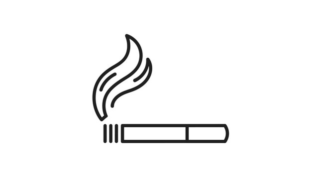 Simple linear icon of a burning cigarette with smoke rising from it isolated on a white background for health awareness.