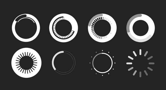 Set of diverse circular loading icons and progress bars in black and white styles on a dark gray background for web design.