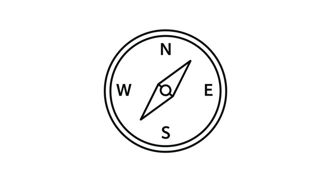 Basic line art illustration of a compass showing the cardinal directions of North, South, East, and West on white background.