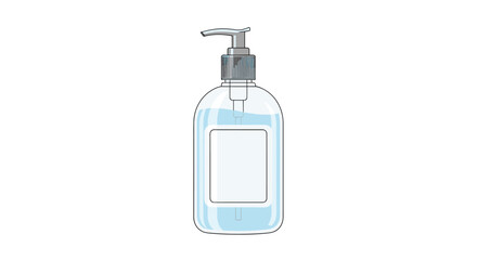 Fototapeta premium Clear plastic bottle with a pump dispenser filled with blue liquid soap or sanitizer for hygiene and health safety.