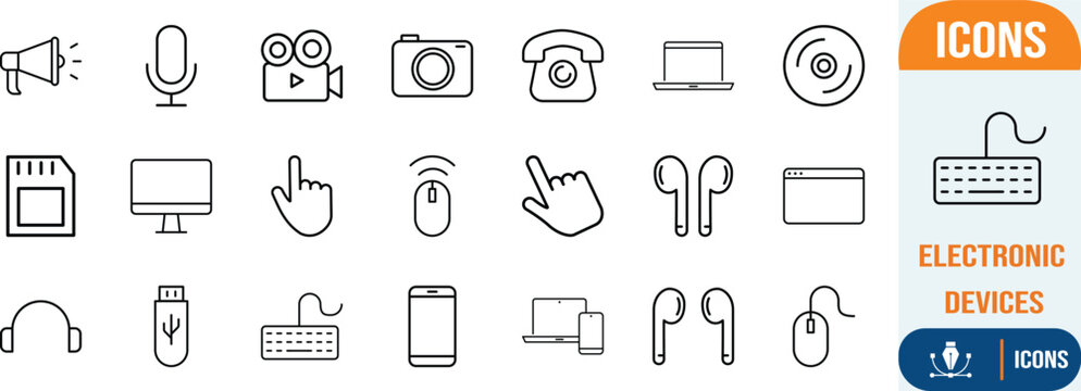 Electronic devices and technology outline icons. smartphone icon set, laptop icon set, mouse icon set