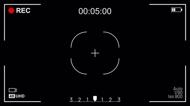Camcorder Recording Screen Overlay with Alpha Channel. recording display with time countdown and battery status for video editing projects. Suitable for videography enthusiasts.