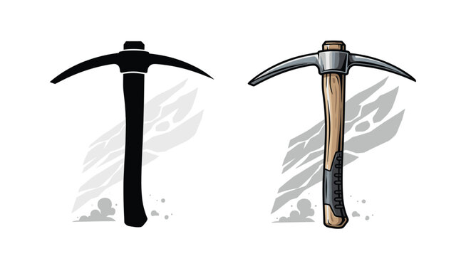 Pickaxe mining tool shown as a solid black silhouette and a detailed color illustration with a long wooden handle.