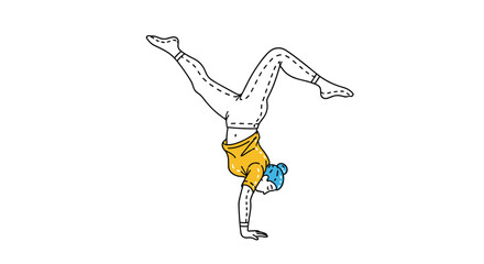 Obraz premium Female yoga practitioner with blue hair performing a handstand pose in a yellow shirt and white patterned leggings.