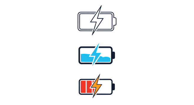 Set of battery charge level icons showing empty half full and low status with lightning bolts for power indicators.