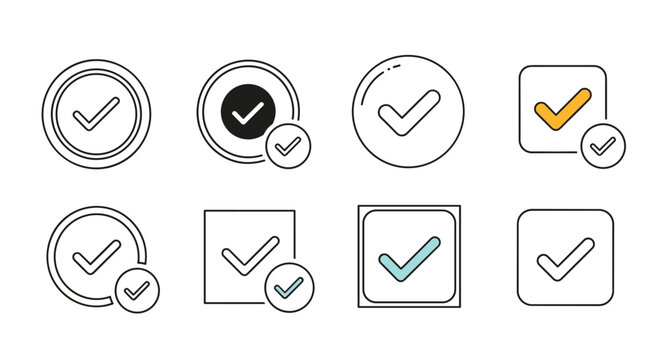Assorted check mark icons in various styles such as circles and squares with subtle color highlights for task completion.
