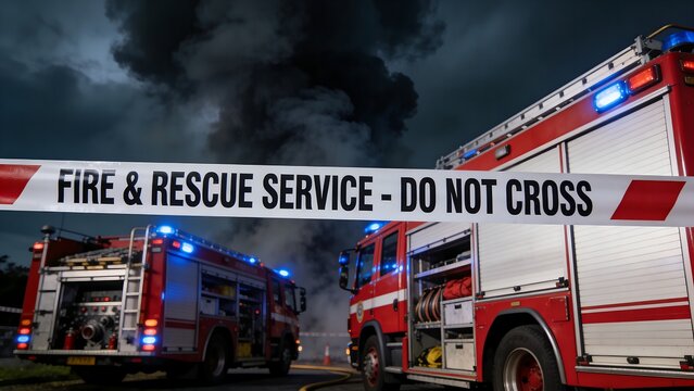 Fire Engines at the Scene of a Fire Accident at Night with Warning Tape
