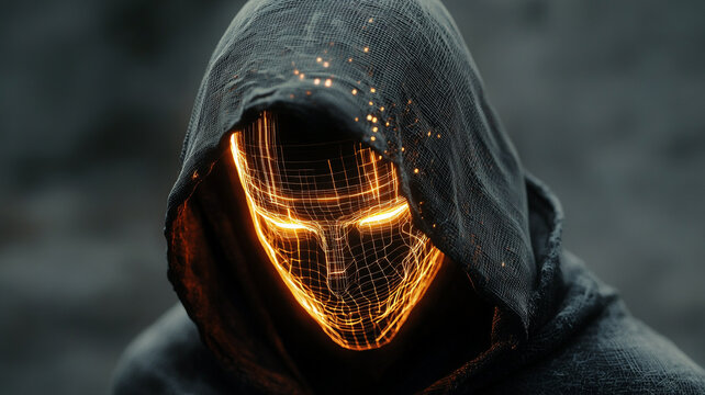 Digital humanoid figure with glowing wireframe face in dark hood