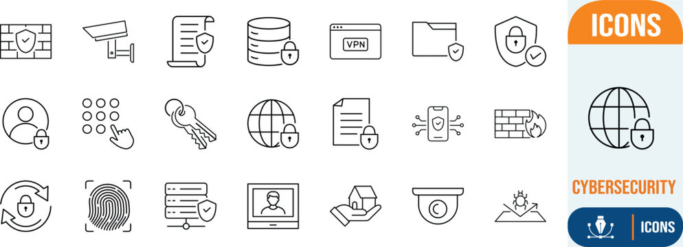 Cybersecurity and privacy line icons. lock icon set, shield icon set, camera icon set