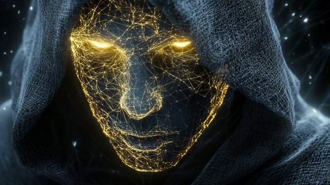 Digital human face formed by glowing golden neural network connections