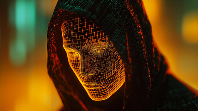 Digital human face wireframe model in a dark hooded cloak