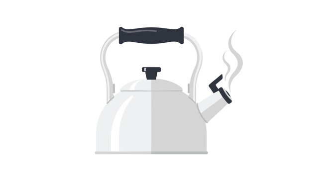 Classic silver whistling tea kettle with a black handle and steam rising from its spout on a white background.