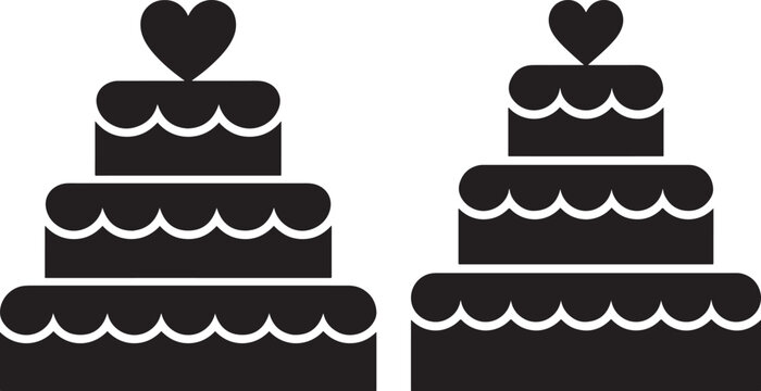 Set of two black silhouette wedding cake icons on white background with silhouette celebration marriage anniversary