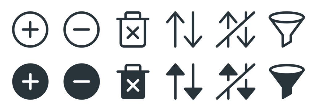 Minimalist UI interface icon set, 12 vector symbols for web and mobile apps, black line and solid glyph style for sorting and filtering