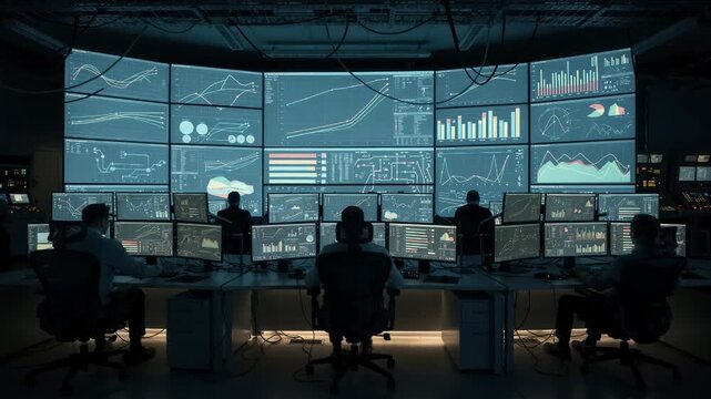 Control room scene with operators monitoring large multiscreen displays indicating plantwide flows temperature readings and alarm statuses highlighted by ambient lowlight