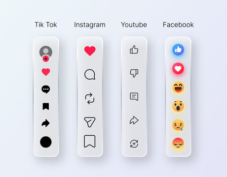 TikTok Instagram YouTube Facebook Social Media Engagement Icons Like Comment Share Reaction Bookmark UI Set
