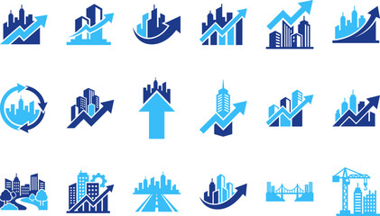 Fototapeta premium Cityscape and urban development icons buildings growth progress and real estate concepts vector graphics.