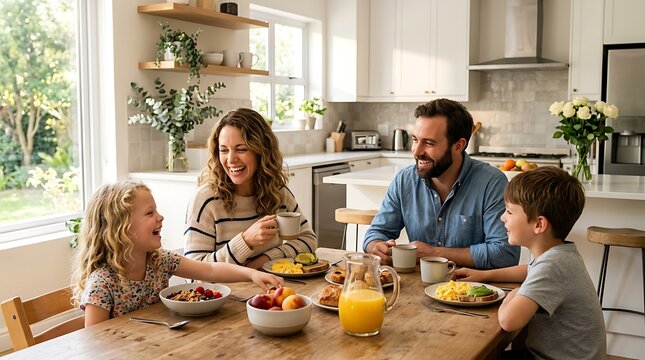 Happy family enjoying healthy breakfast together in bright modern kitchen