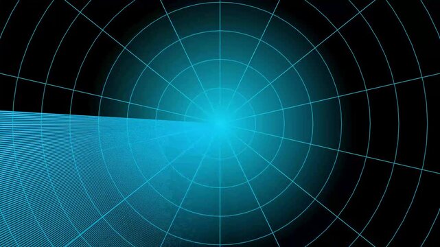 Futuristic abstract radar digital interface with cyan grid and scanning beam, showing multiple detected targets.
