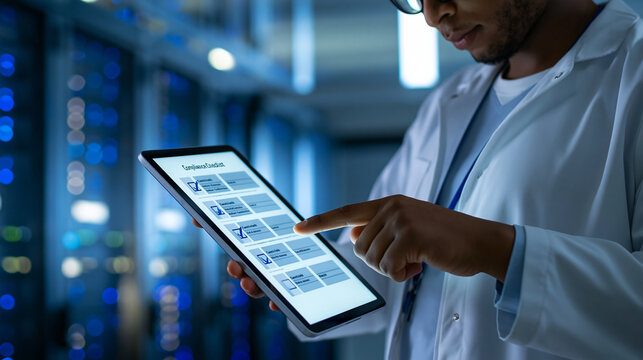 Faceless quality assurance professional in a server room reviewing a digital compliance checklist on a glowing screen, blue ambient lighting, defocused server rack background,