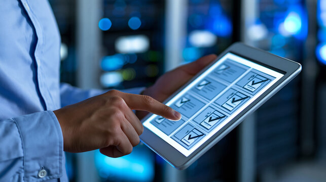 Faceless quality assurance professional in a server room reviewing a digital compliance checklist on a glowing screen, blue ambient lighting, defocused server rack background,