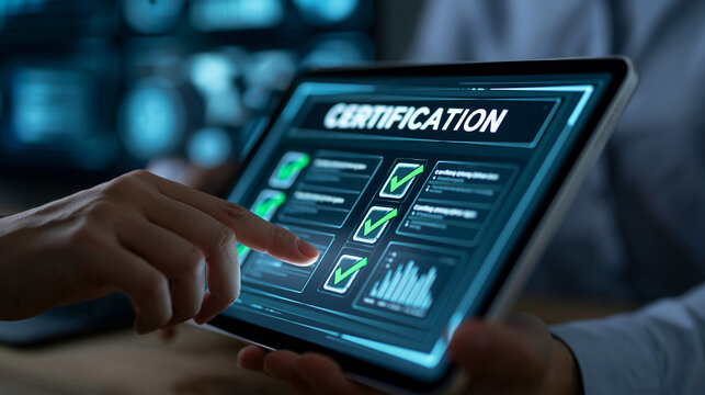 Faceless person interacting with a tablet displaying a holographic certification checklist with green approval marks, dark futuristic tech background, defocused, with copy space