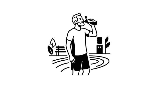 Man drinking from a bottle outdoors.