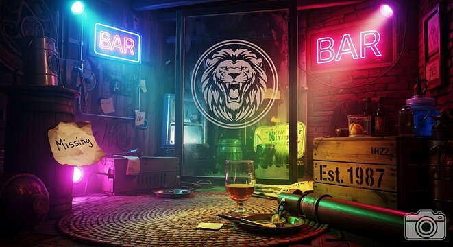 neon lit bar with lion logo.
