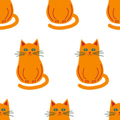Fototapeta premium Seamless orange ginger cat pattern on white background, cute sitting kitten repeat print for kids textile and surface design