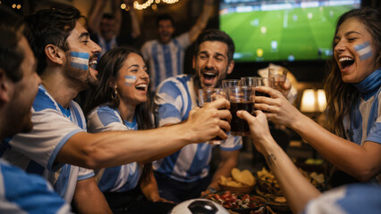 Fototapeta premium Hinchas argentinos celebrando en bar durante partido de fútbol