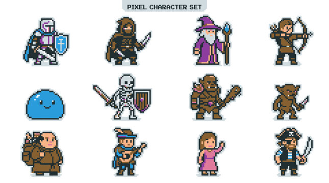 Pixel art fantasy characters set.