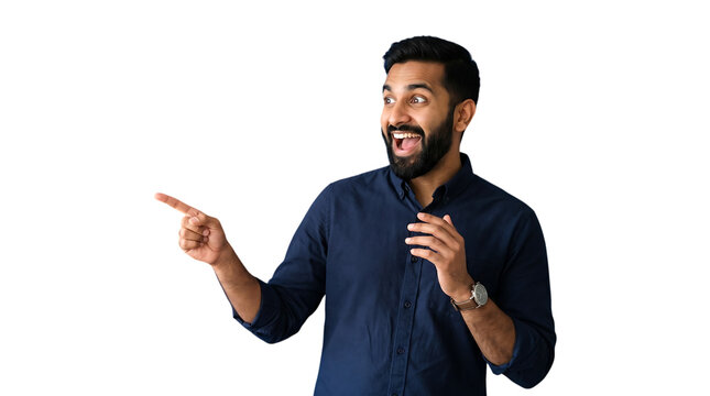 Indian excited young south asian man pointing finger at copy space with surprised expression, isolated on transparent background indian