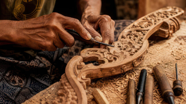 Hands meticulously carving intricate wooden art with precision tools.