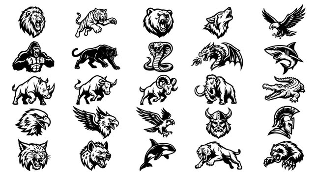 Black and white animal icons set.
