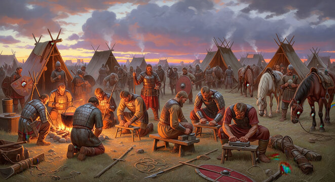 Ancient warriors prepare for battle in a camp at dusk, sharpening weapons near their tents as horses stand nearby and a cooking fire burns, hinting at military strategy