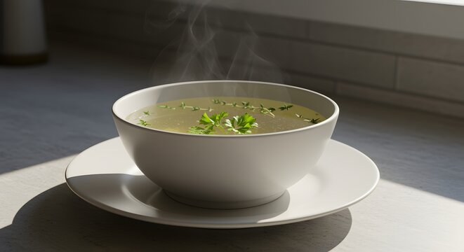Clear chicken broth soup with fresh parsley garnish side dish nourishing appetizer culinary
