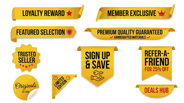 Set of yellow sale and discount banners and badges for online shopping promotions