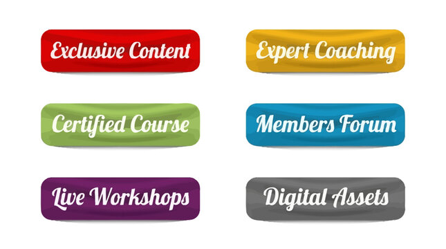 A vibrant collection of online service buttons, featuring options like exclusive content, expert coaching, certified courses, and digital assets for users