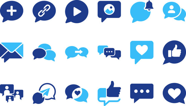 Social media communication icons and symbols for online interaction and messaging vector set.